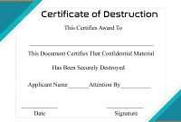 Certificate of Destruction of Confidential Information Template Free Printable